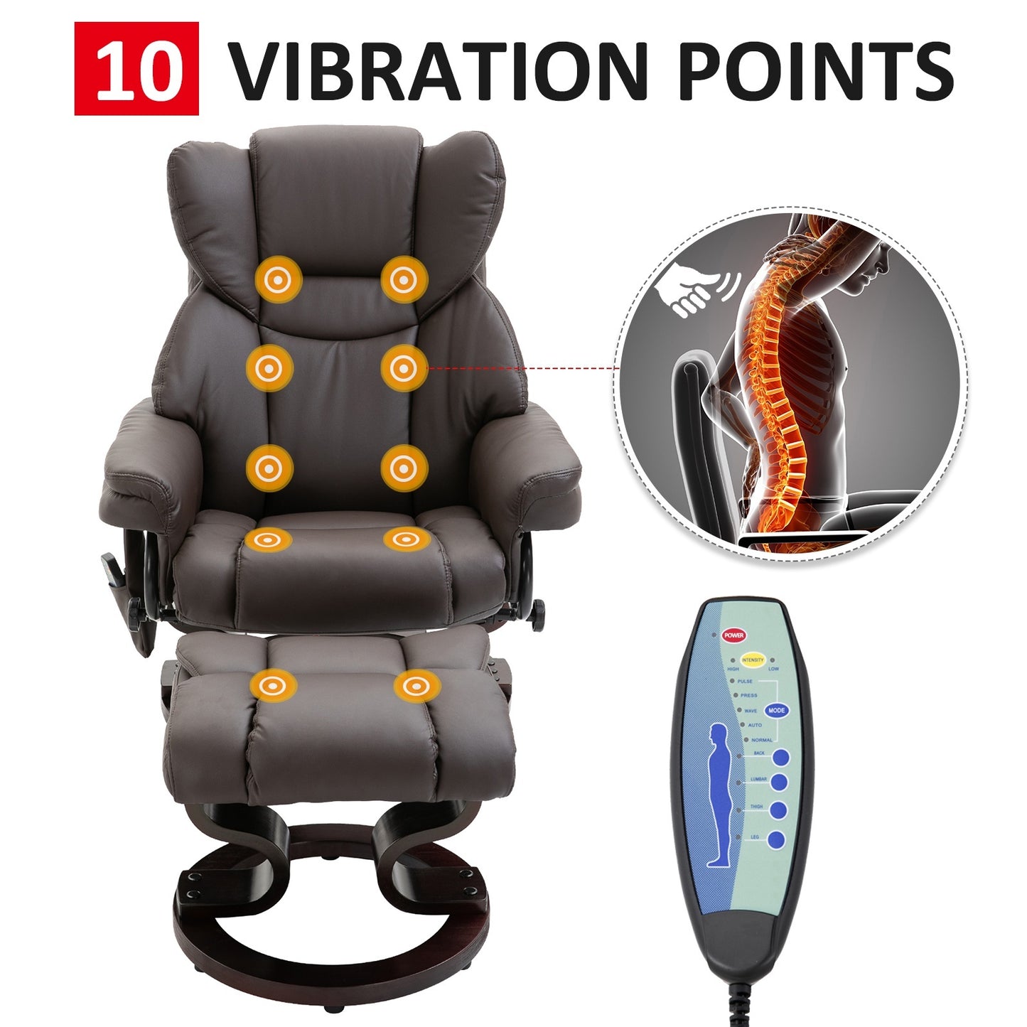 Massage Recliner Chair Brown With Ottoman 10-Point Vibrating Swivel For Bedroom & Living Room