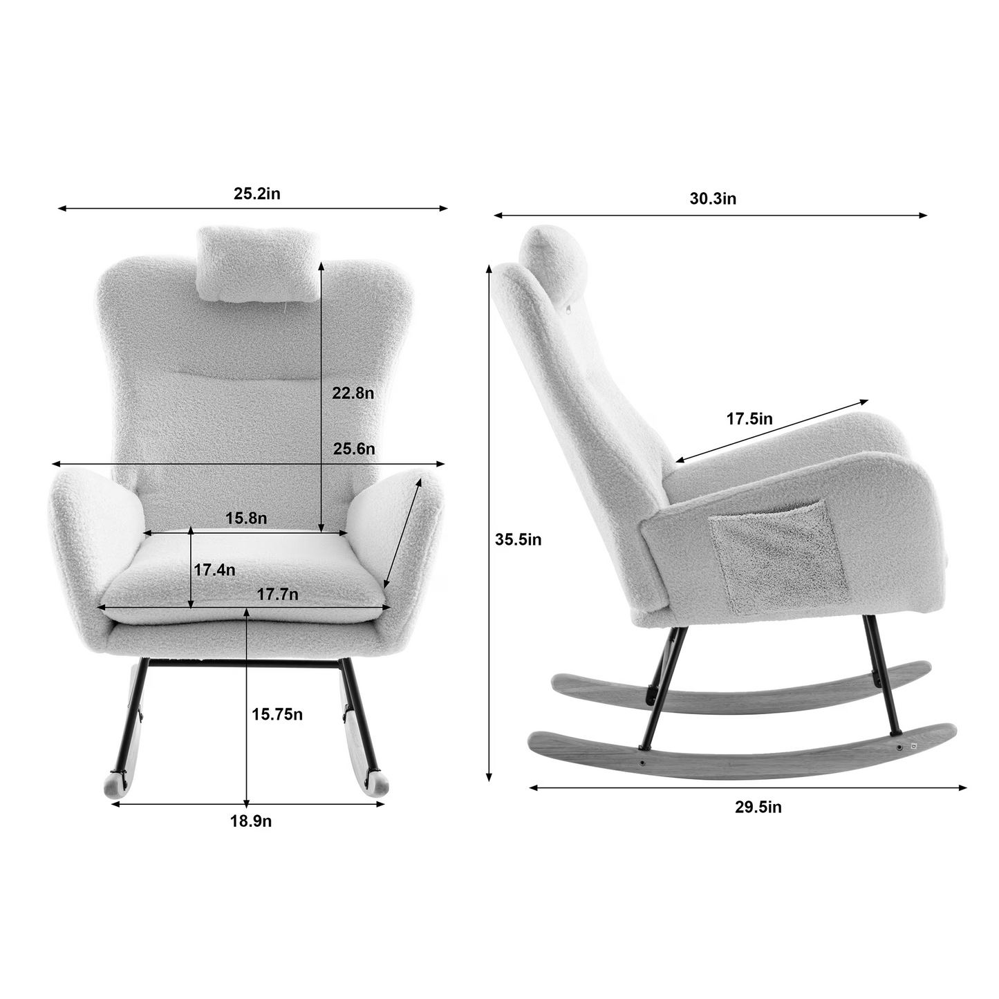 35.5 inch Rocking Chair with Pocket, Soft Teddy Fabric Rocking Chair for Nursery, Comfy Wingback Glider Rocker with Safe Solid Wood Base for Living Ro