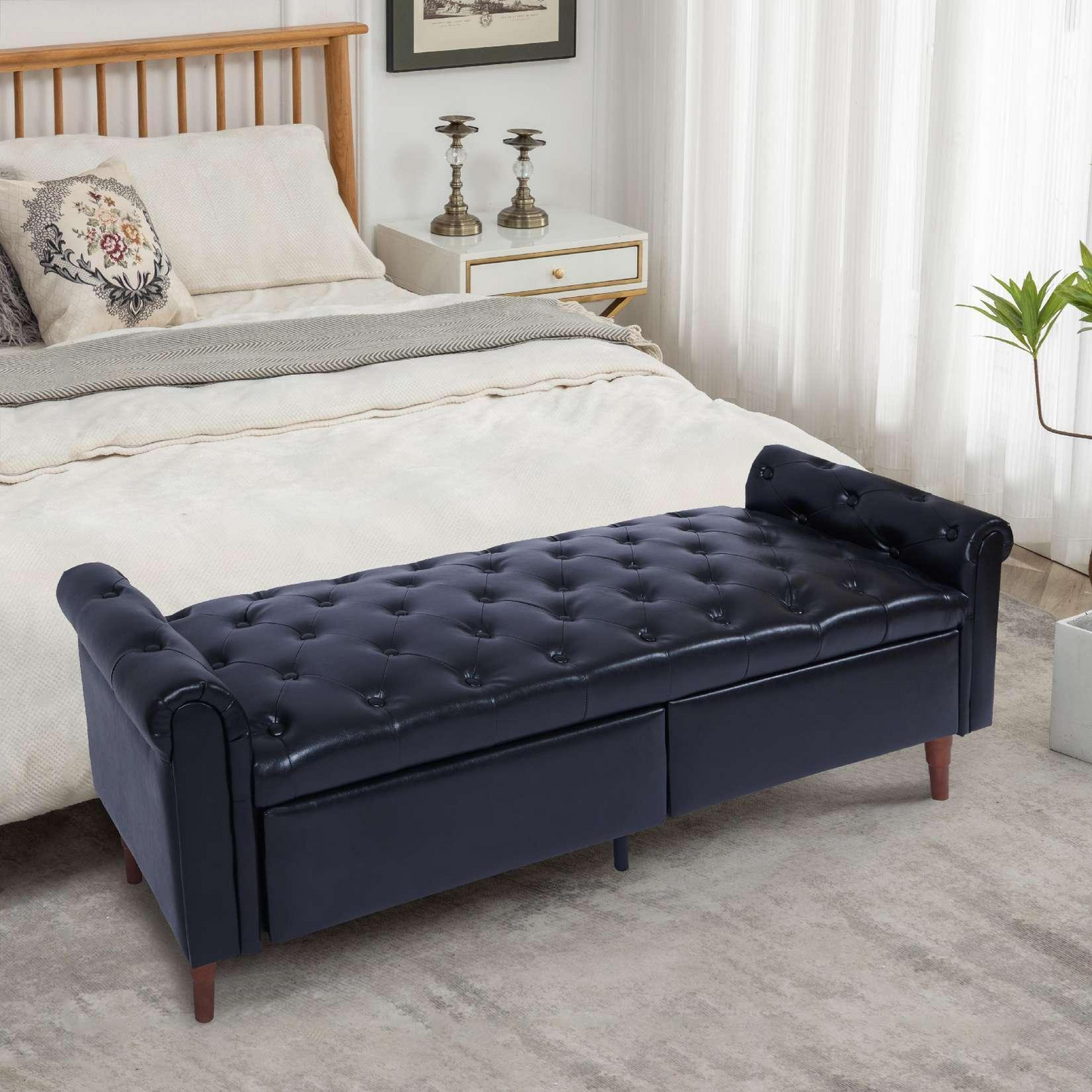 Storage PU Ottoman Bench with 2 Drawers for Bedroom End of Bed