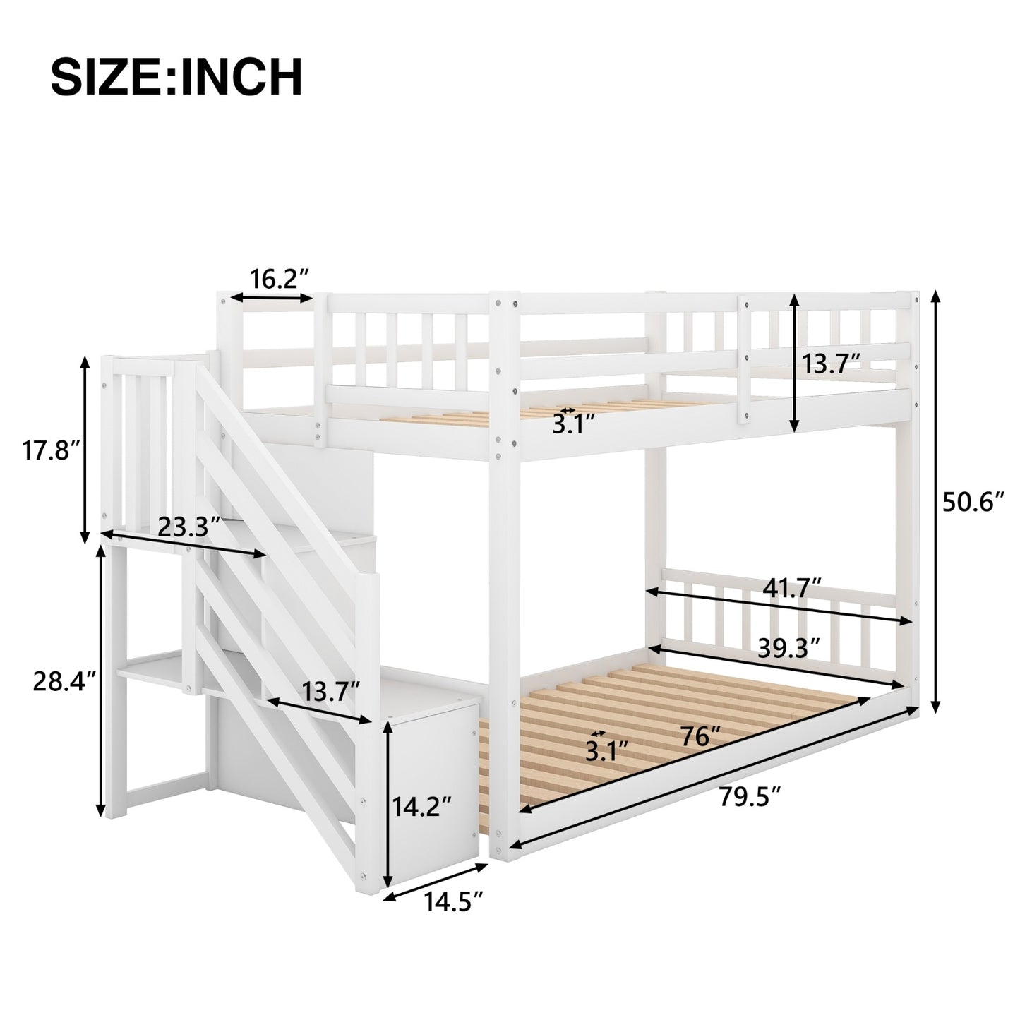 Twin Over Twin Floor Bunk Bed, Ladder With Storage, White