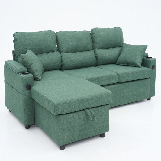 Convertible Sleeper Sofa 2 In 1, L-Shaped Couches For Living Room, Pull Out Sectional Futon Sofa Bed With Storage Space, USB Ports And Cup Holders For Bedroom