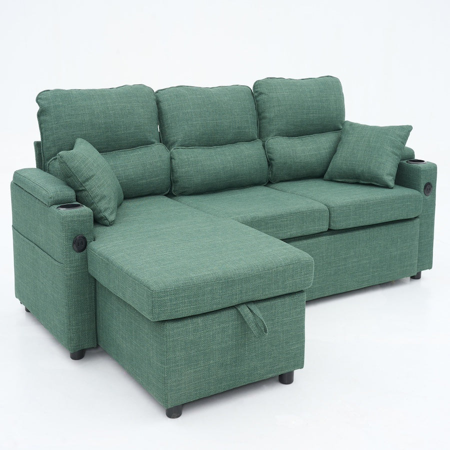 Convertible Sleeper Sofa 2 In 1, L-Shaped Couches For Living Room, Pull Out Sectional Futon Sofa Bed With Storage Space, USB Ports And Cup Holders For Bedroom