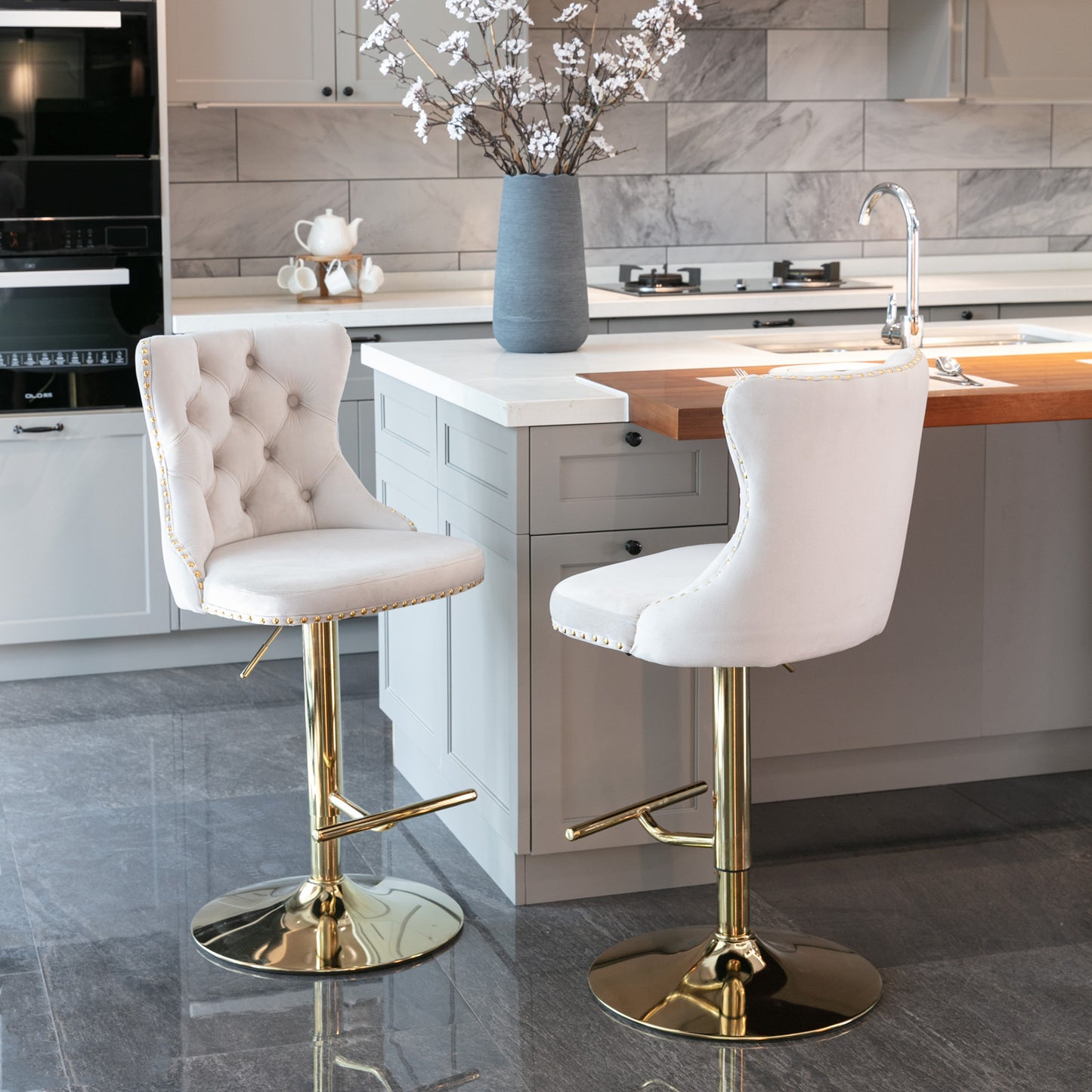 A&A Furniture,Golden Swivel Velvet Barstools Adjusatble Seat Height From 25-33 Inch