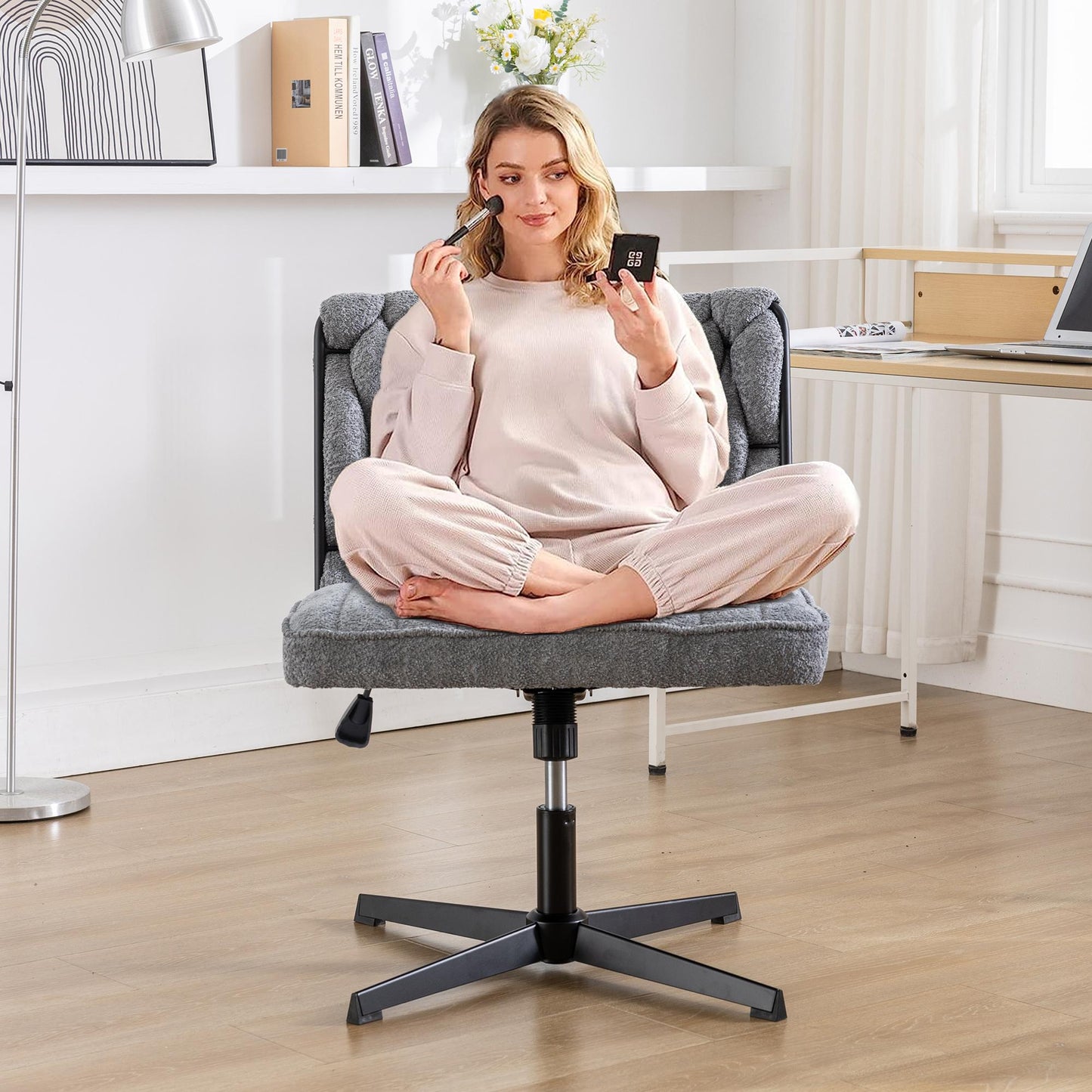 Armless Office Chair no Wheels, Ergonomic Wide Seat Swivel Desk Chair, Height Adjustable Cross Legged Comfortable Computer Chair for Living Room, Van