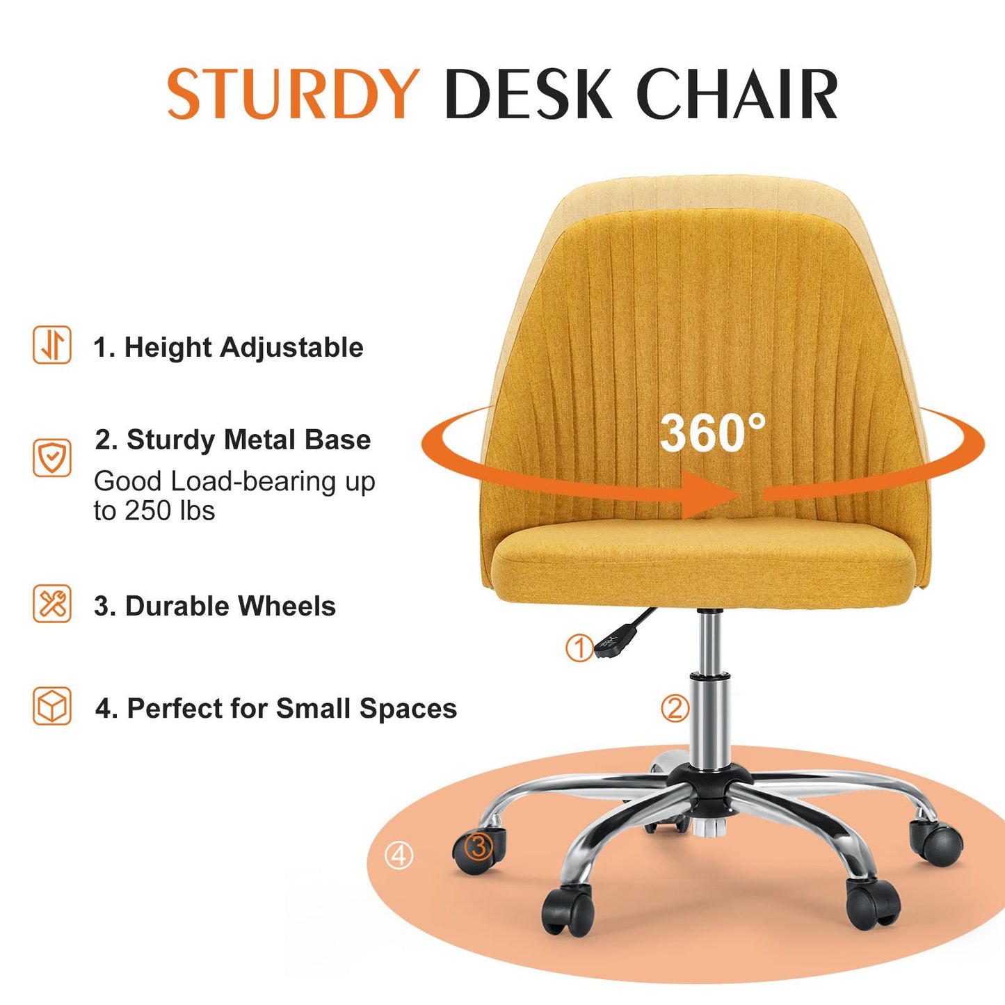 Home Office Desk Chair - Adjustable Rolling Chair, Armless Cute Modern Task Chair for