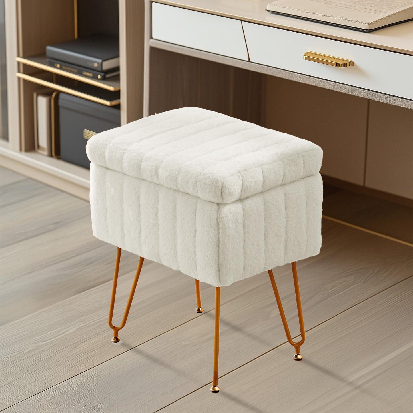 Vanity Stool Chair with Storage, Ottoman Faux Fur Soft Padded Makeup Footstools Seat with 4 Metal Legs Anti-Slip Adjustable Feet Modern