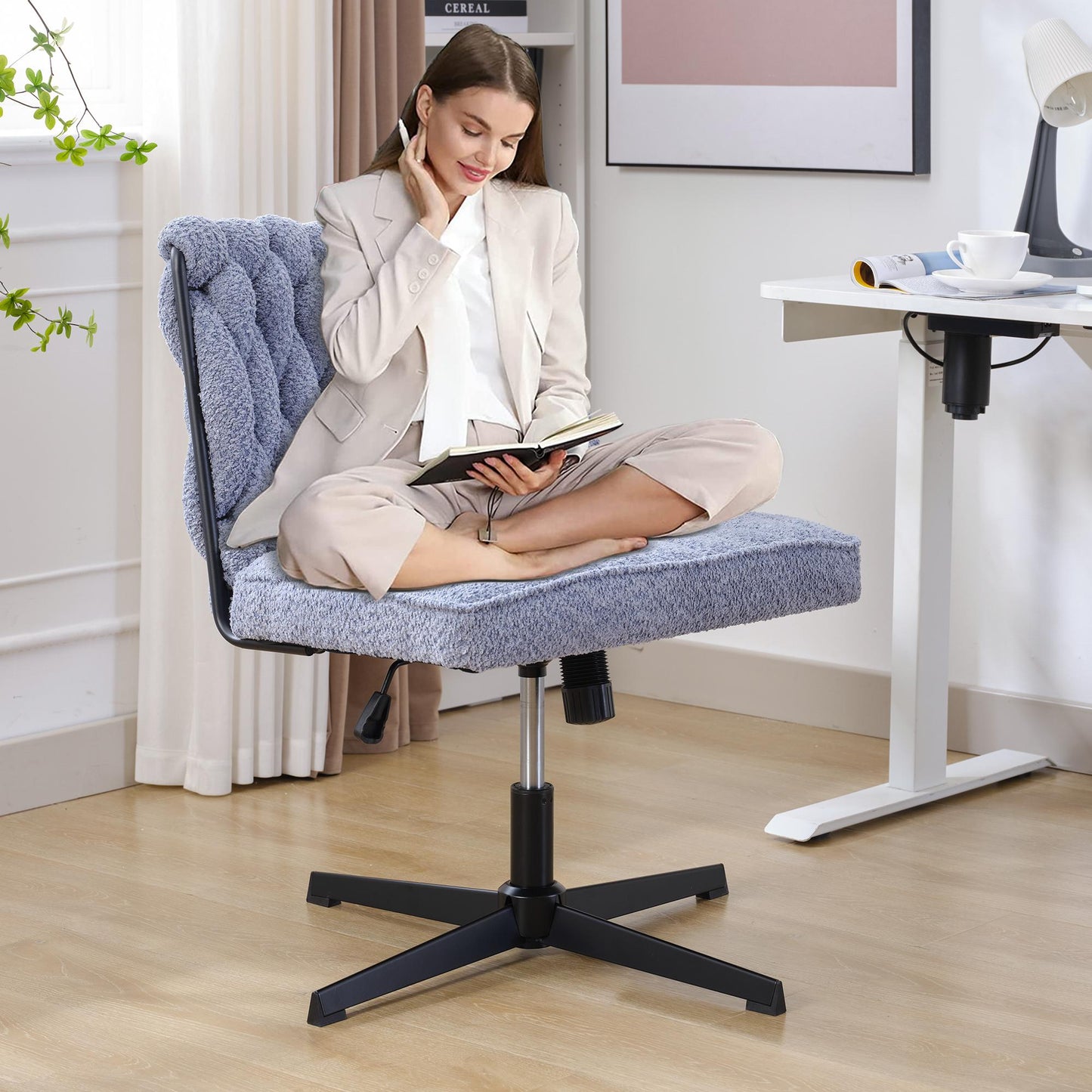 Armless Office Chair no Wheels, Ergonomic Wide Seat Swivel Desk Chair, Height Adjustable Cross Legged Comfortable Computer Chair for Living Room, Van