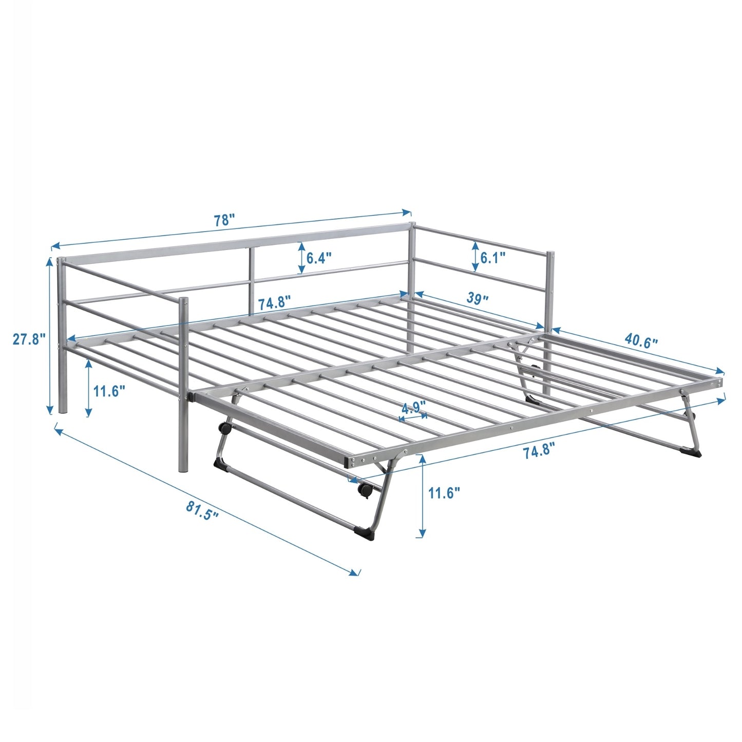 Twin Size Metal Daybed With Adjustable Trundle,  Up Trundle, Silver
