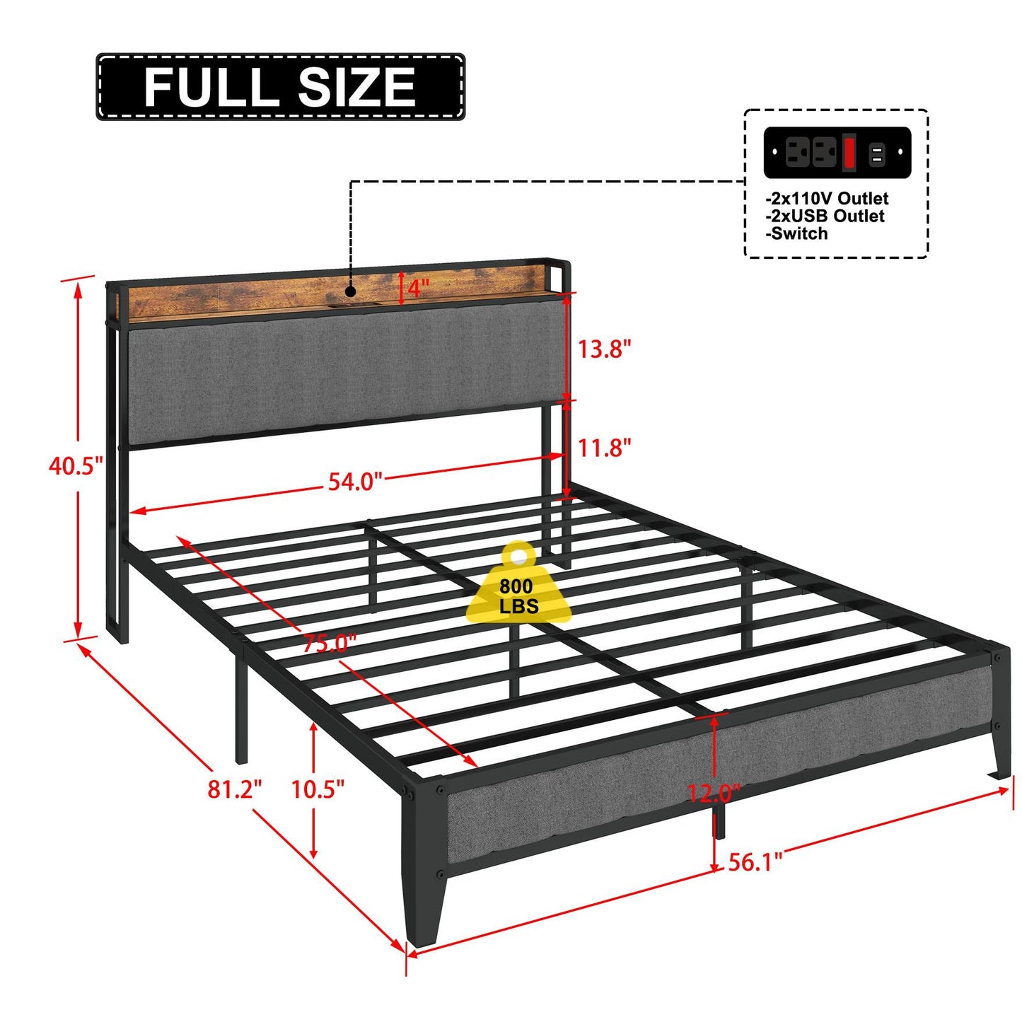 Full-Size，Full metal bed frame with charging headboard.