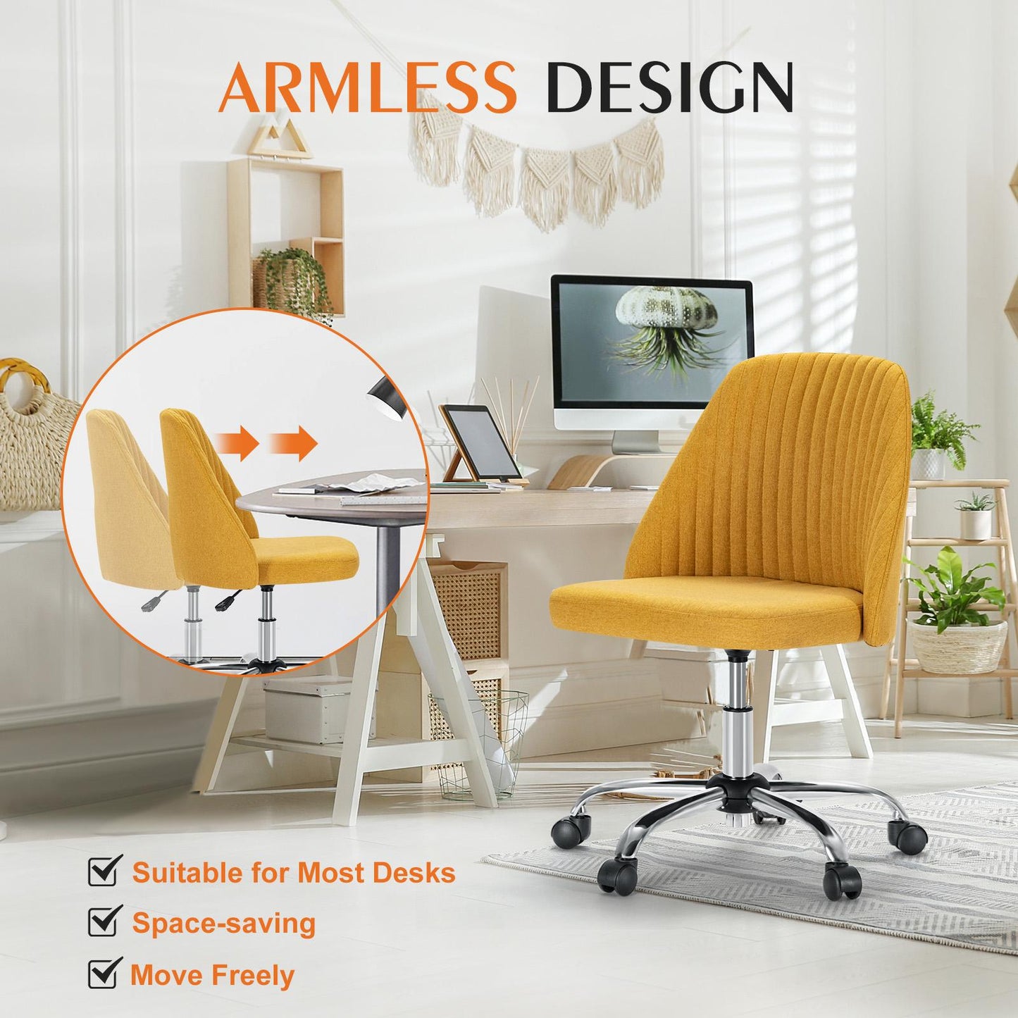 Home Office Desk Chair - Adjustable Rolling Chair, Armless Cute Modern Task Chair for