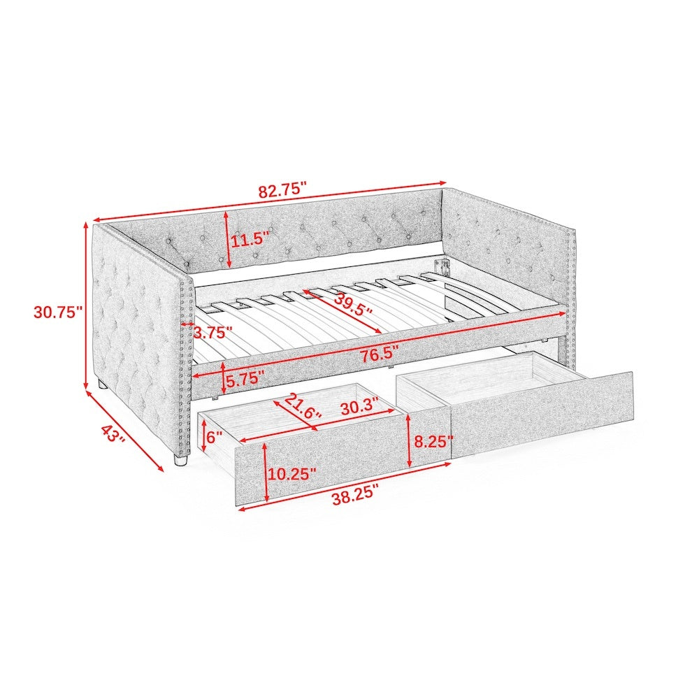 Upholstered Twin Size Daybed With Two Drawers, With Button And Copper Nail On Square Arms, Beige