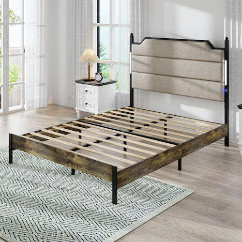 Queen Size Bed Frame With Upholstered Headboard , Queen Bed Frame With Charging Station And LED Lights, Wood Slats, Easy Assembly,No Box Spring Needed,Industrial Brown