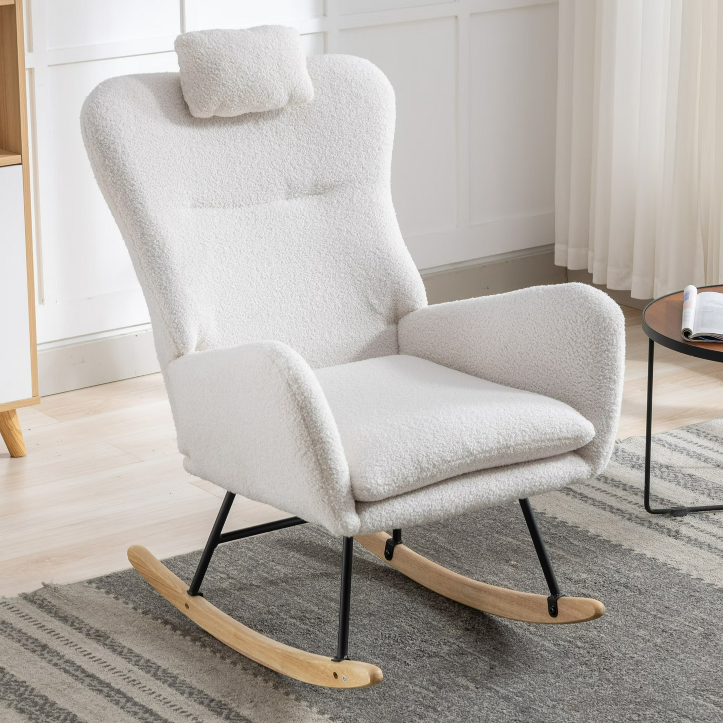 35.5 inch Rocking Chair with Pocket, Soft Teddy Fabric Rocking Chair for Nursery, Comfy Wingback Glider Rocker with Safe Solid Wood Base for Living Ro