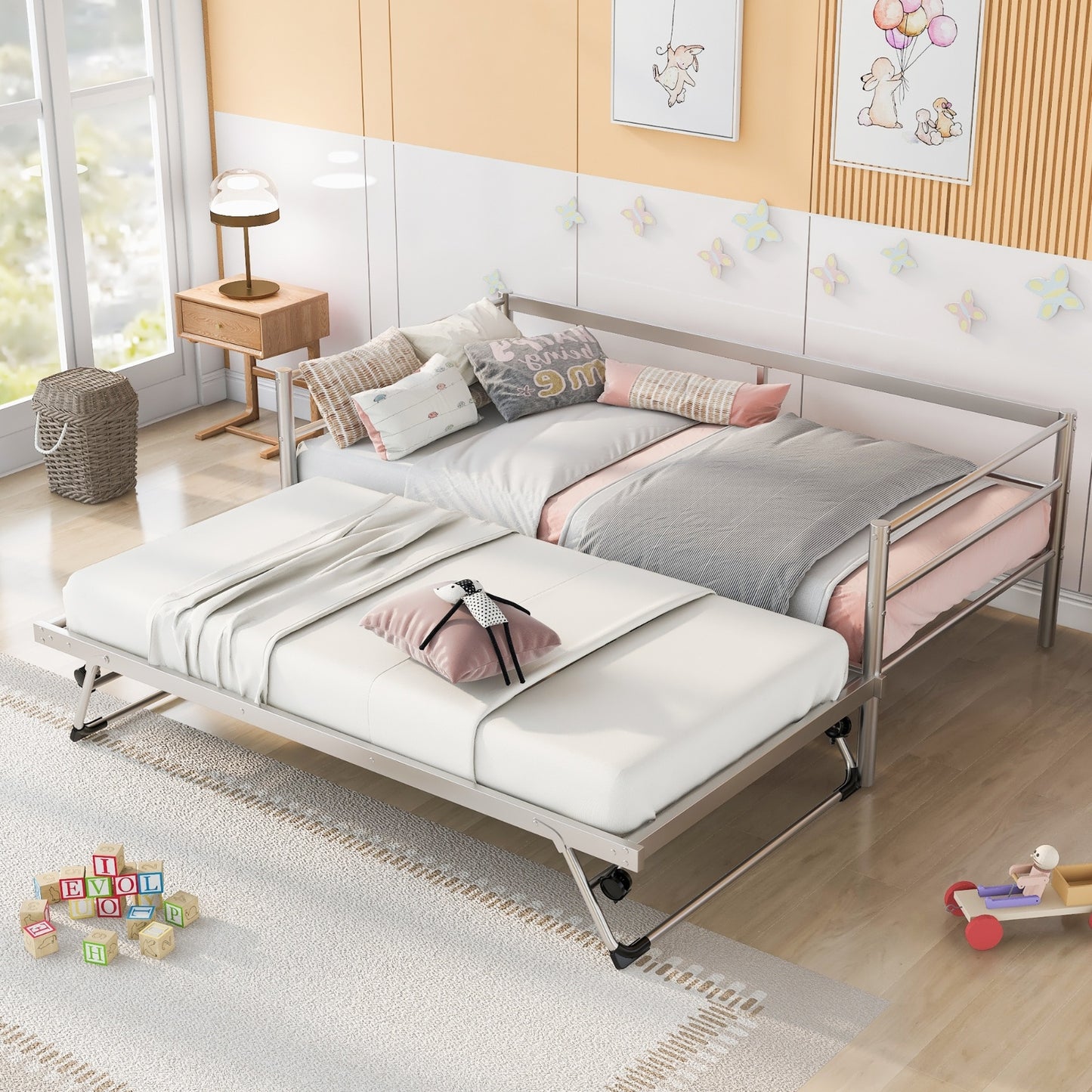 Twin Size Metal Daybed With Adjustable Trundle,  Up Trundle, Silver