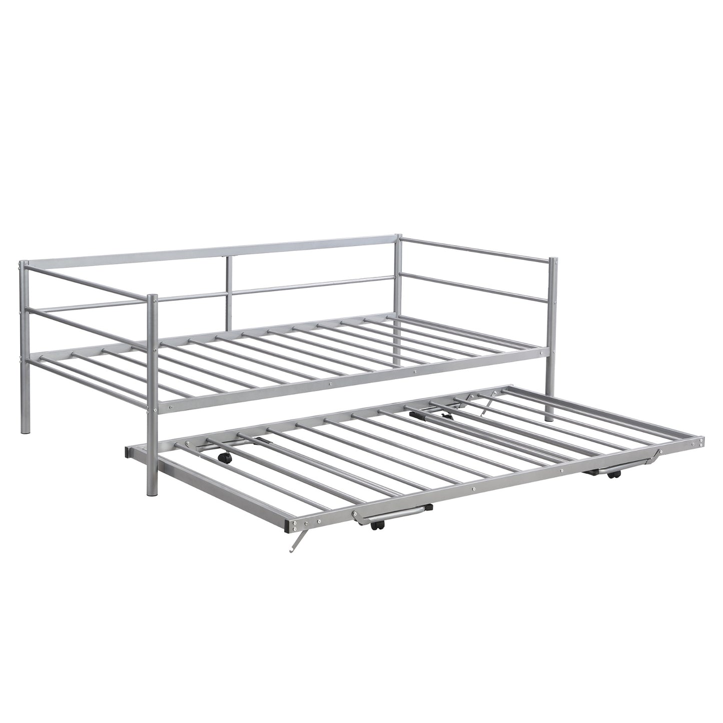 Twin Size Metal Daybed With Adjustable Trundle,  Up Trundle, Silver