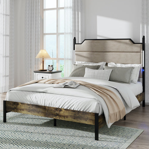 Queen Size Bed Frame With Upholstered Headboard , Queen Bed Frame With Charging Station And LED Lights, Wood Slats, Easy Assembly,No Box Spring Needed,Industrial Brown