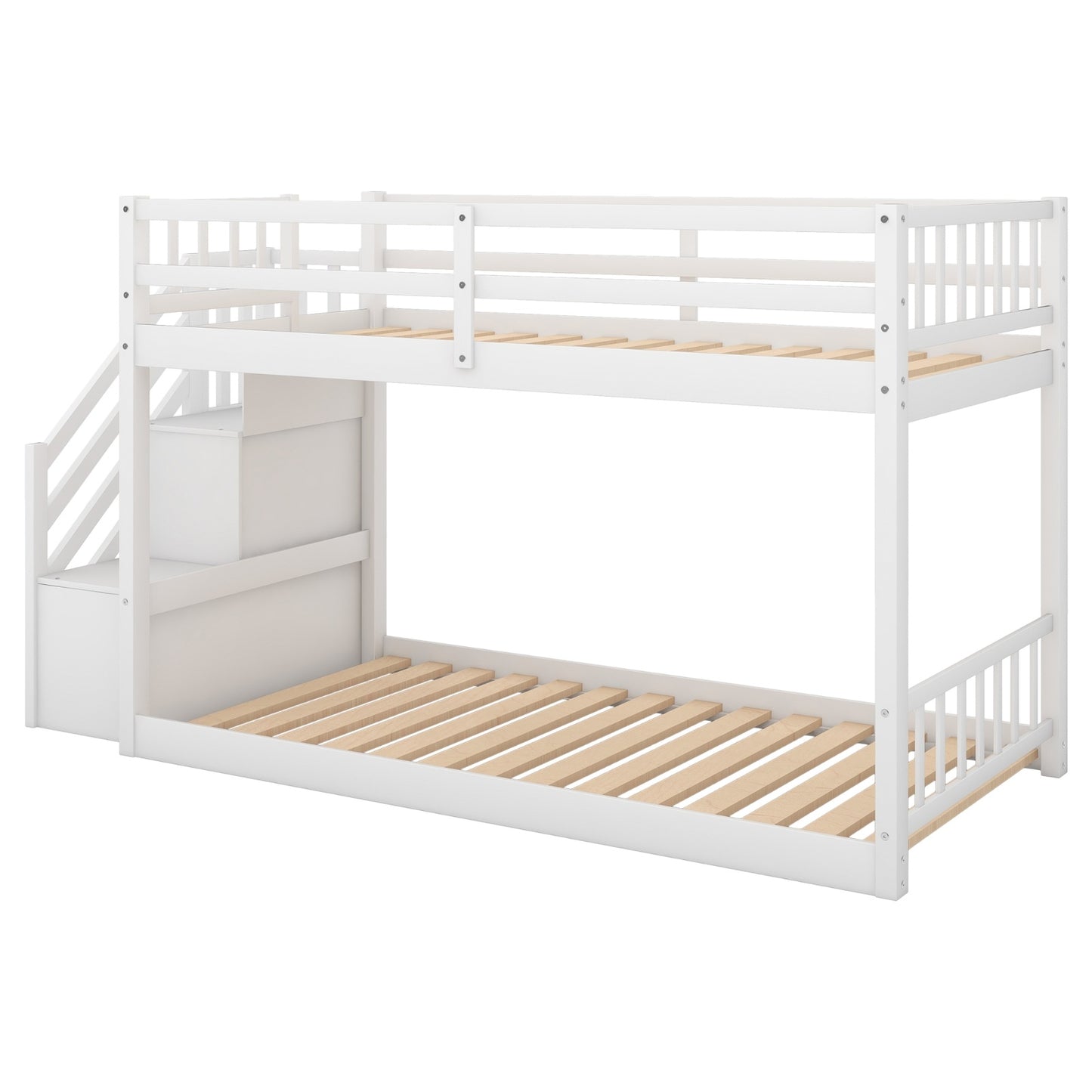 Twin Over Twin Floor Bunk Bed, Ladder With Storage, White