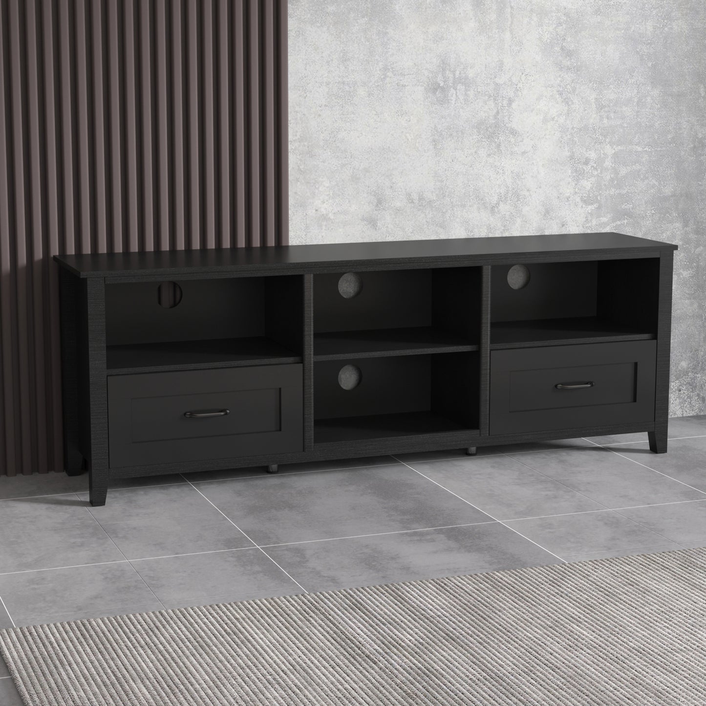 70.08Inch Length Furniture Black TV Stand for Living Room and Bedroom with 2 Drawers and 4 High Capacity Storage Compartment