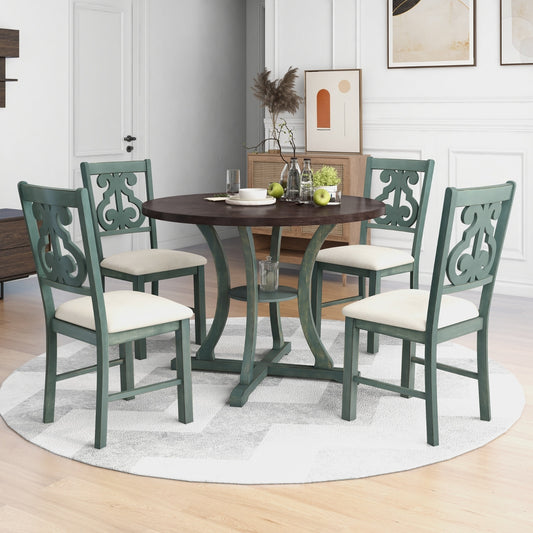 TREXM 5-Piece Round Dining Set With Fabric Chairs & Special-shaped Legs