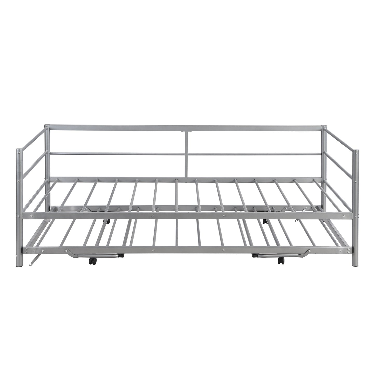 Twin Size Metal Daybed With Adjustable Trundle,  Up Trundle, Silver